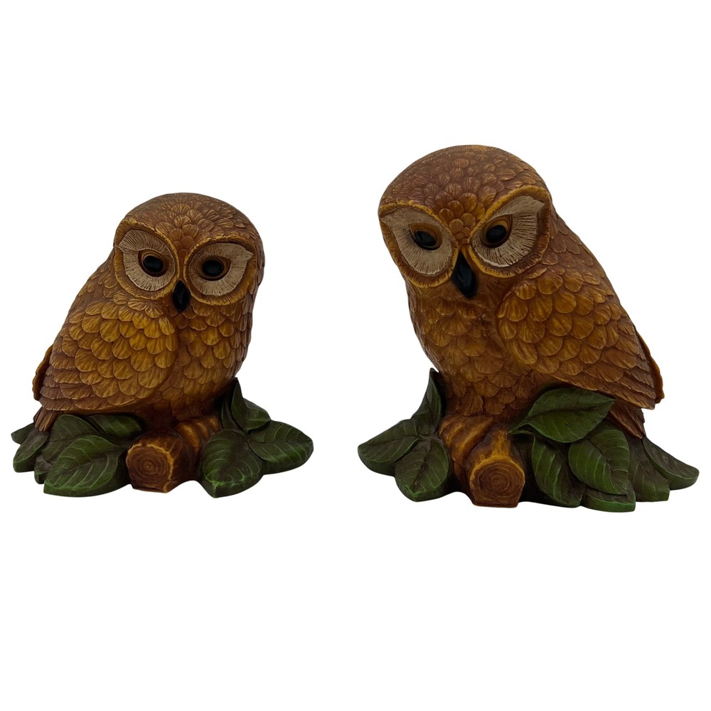Homeco VTG 70s Owl Figurine Set 2pc Resin 7" 6" MCM Kitsch Textured Woodland